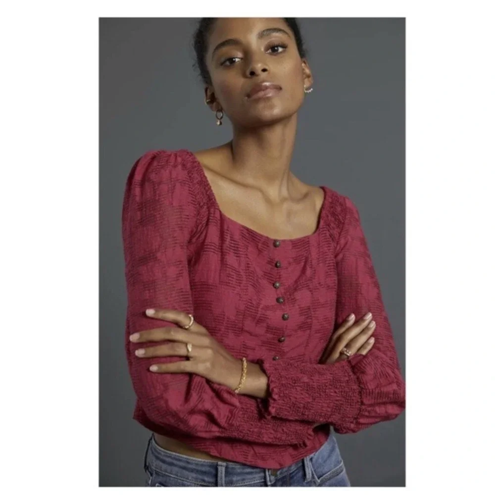 Anthropologie Women Blouse Size‎ XS Cranberry Romantic Puff Sleeve Office casual